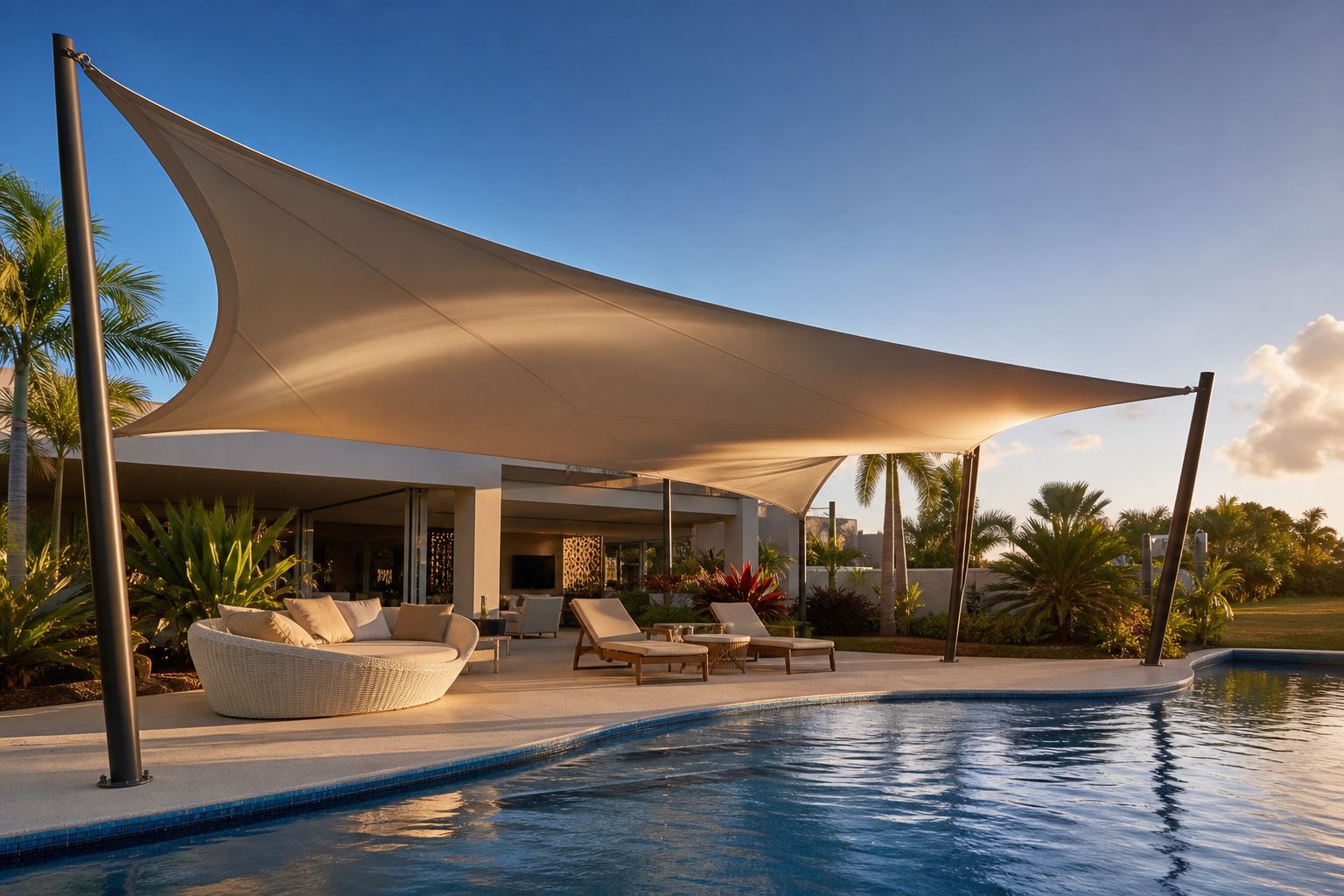 Sombreadores tensionados para piscina: elegância, conforto e visual de resort no espaço certo